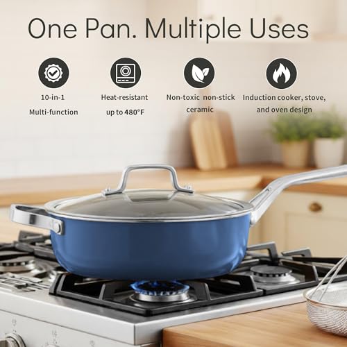 10-in-1 Blue Ceramic Nonstick Deep Saute Pan Set With Steamer & Lid, 4QT — view 2