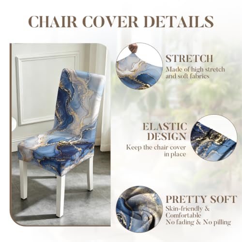 Image of Blue Marble Dining Chair Covers Set of 4, Gold Vein Slipcovers