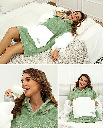 Argstar Übergroße Hoodie Decke tragbare Decken Hoodie leichte Kapuzendecke, kuschelige Samt-Decke,warmes Hoodie mit Tasche und elastischen Ärmeln für Erwachsene Damen und Herren Salbeigrün