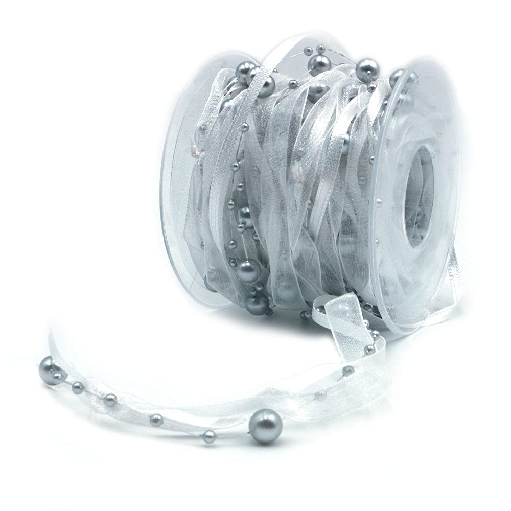 Ancllo Silver Artificial Bead Ribbon Chiffon Ribbon (Silver)