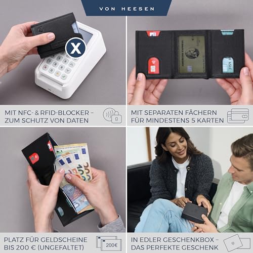 VON HEESEN Slim Wallet met RFID-bescherming, kaartenetui voor heren en dames, mini-portemonnee van leer, kleine portemonnee, zwart, MIT MÜNZFACH, Met mini-muntvak - Afbeelding 3