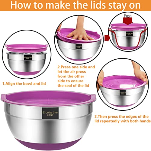 Image of Umite Chef Stainless Steel Metal Mixing and Serving Bowls with Airtight Lids and Measurement Marks and Colorful Non-Slip Bottoms (7, 3.5, 2.5, 2.0, 1.5, 1QT) - 6 Pieces (1)