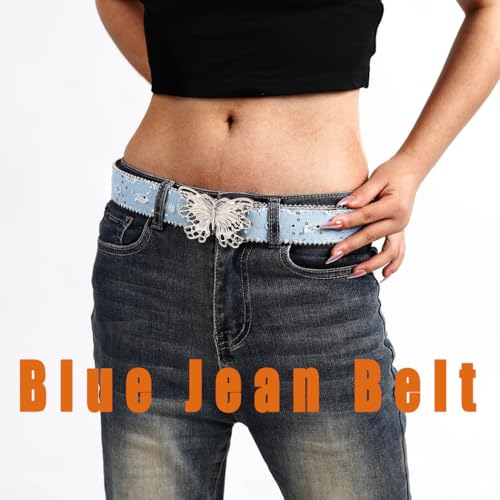 Image of Ursumy Women Denim Waist Belt Blue Jean Belt Butterfly Waist Belt Y2K Belt for Jeans Pants Ladies Cowgirls Cowboys Belt