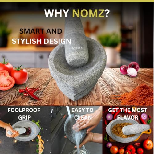 Image of NOMZ Stone Mortar and Pestle Set (Kalvam) 8 Inch Boat Shape, 2.8 Kg, 1 Cup | Handmade Silbatta for Chutney and Masala | Heavy Duty Khalbatta with Anti-Skid Base
