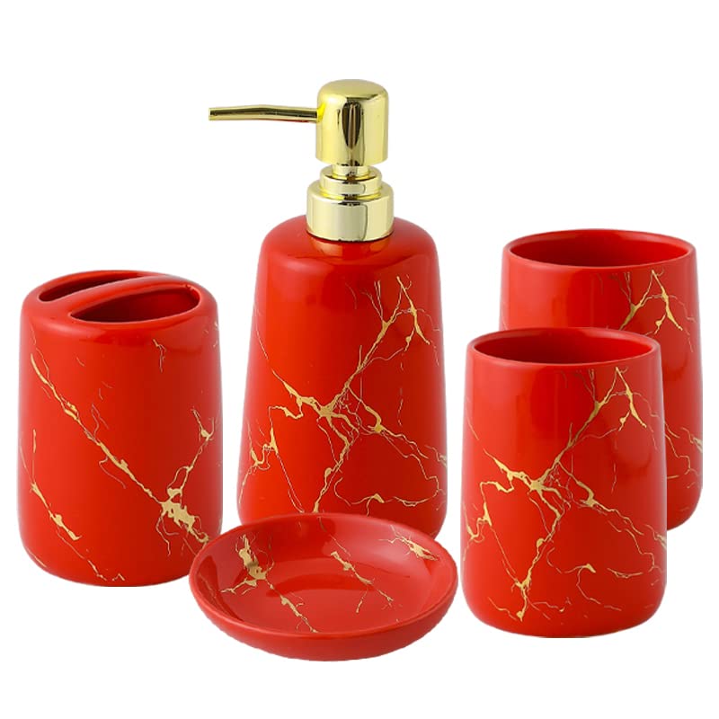 HYLR Juego de Accesorios de baño, Juego de baño de cerámica Marbling de 5 Piezas, dispensador de jabón, Vaso, Soporte para Cepillo de Dientes, jabonera, Buen Regalo para un Nuevo hogar bathroo