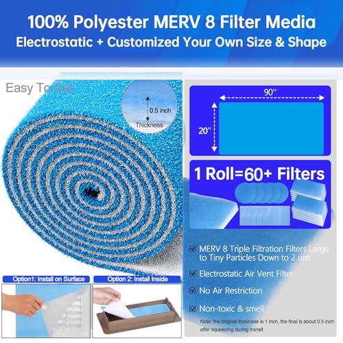 20''x90'' Air Vent Filters, High Air Flow Cut to Size(80+Filters) MERV 8 Electrostatic Floor Vent Filter for Floor Registers, RV, AC, Ceiling, Grilles and Wall HVAC Furnace Vents, 48PCs Adhesive Hook