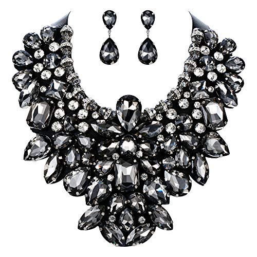 Flyonce Costume Jewelry for Women, Rhinestone Crystal Statement Necklace Earrings Set Dark Black