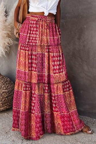 Image of Happy Sailed Womens Floral Print Boho Maxi Skirt Elastic High Waist Pleated Ruffle Flowy Long Skirts S-XL