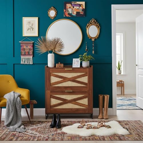 Image of The Artment your artistic apartment Raya Shoe Cabinet with Natural Rattan Weave, Warm Oak Finish, Slim Entryway Shoe Storage for 8 to 14 Pairs, Modern Rustic Japandi Organizer with Metal Base