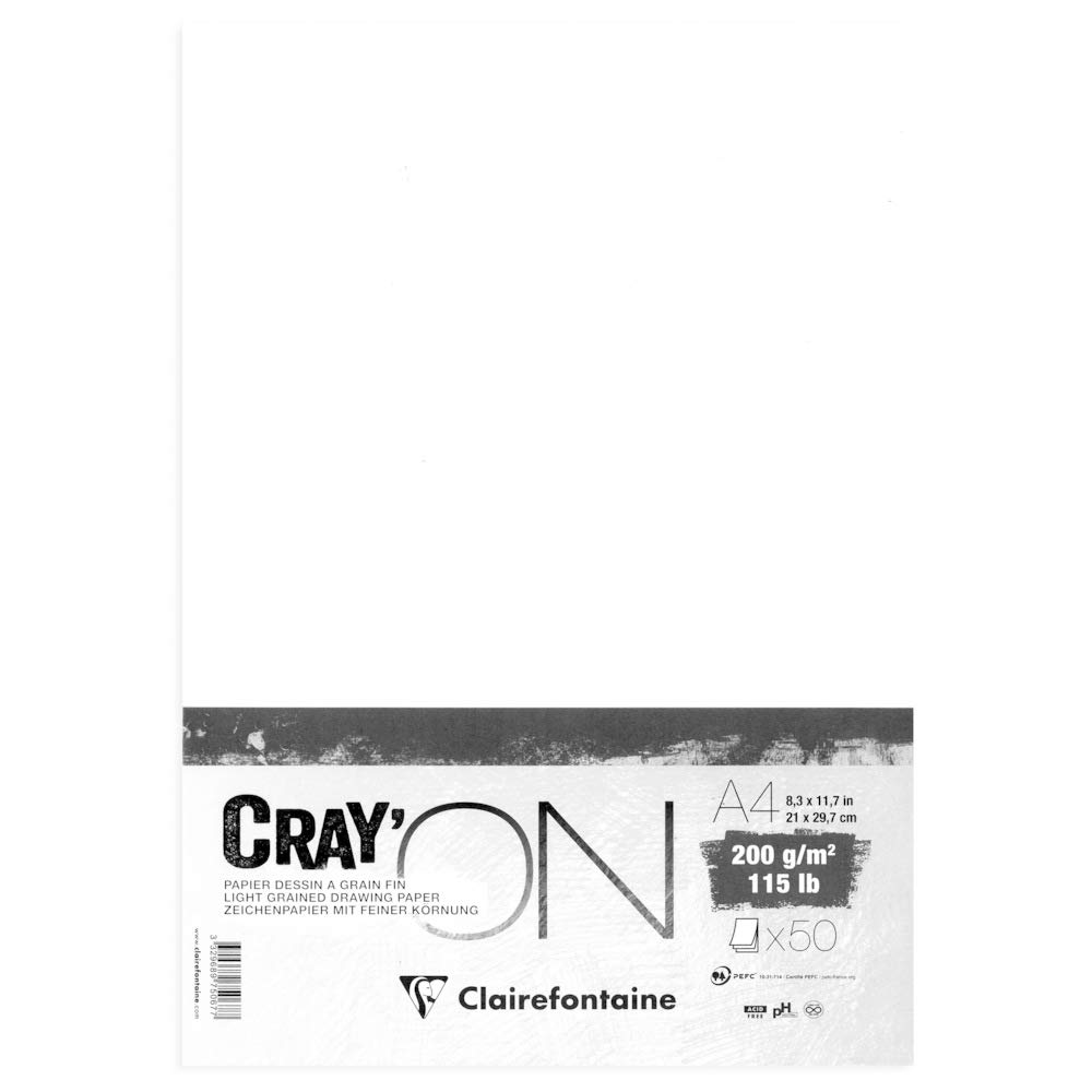 Clairefontaine - Ref 975067C - Cray'On White Sketch Paper (Pack of 50 sheets) - A4 (21 x 29.7cm) Size, 200gsm 100% Cellulose Paper, Grained One Size & Smooth Other Side