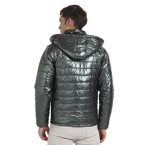 Image of Campus Sutra Men's Forest Green Zip-Front Quilted Puffer Jacket For Casual Wear | Hooded Neck | Long Sleeve | Zipper Closure | Polyester Jacket Crafted With Comfort Fit For Regular Wear
