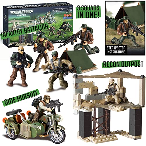 Special Forces Mini Action Figures - Includes 3 Building Sets - with 6 Soldiers, Infantry Battalion, Recon Outpost, Side Pursuit - Special Troops Toy Gifts for 10 11 12+ Boys Kids Girls, 356 Pcs