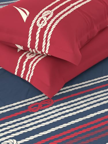 Image of NAUTICA Super Soft 100% Cotton King Bedsheet with 2 Pillow Covers -3pc Set (Bradford) | 160TC | Super Soft Touch Ornamental-red /Blue
