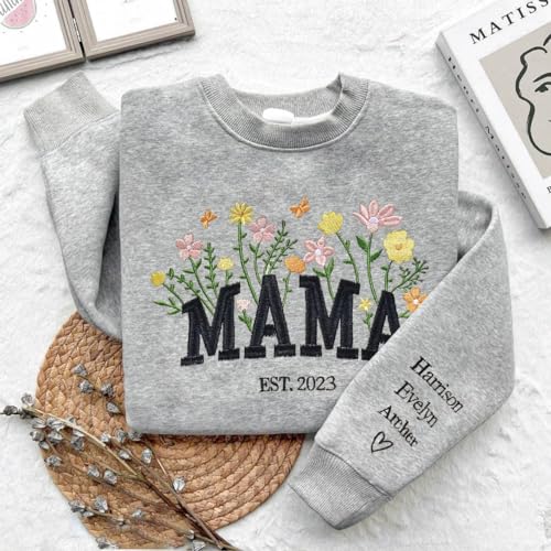 Custom Mama Embroidered Floral Sweatshirt, Custom Mama Crewneck With Names, Mama Sweatshirt Embroidered, New Mom Sweatshirt, Mama Birthday3