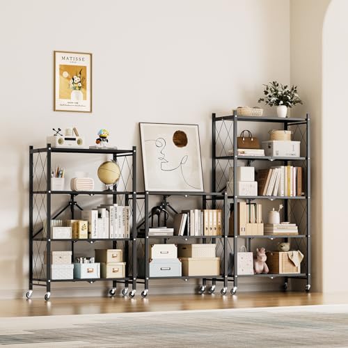 HealSmart Heavy Duty 4-Tier Foldable Metal Rack, 14.96" D x 27.95" W x 49.61" H Storage Shelving Unit 1000 lbs with Wheels Moving Easily Organizer Shelves Great for Garage Kitchen, Black - Thumbnail 7