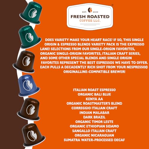 Image of Fresh Roasted Coffee, Single-Origin & Espresso Blend Variety Espresso Capsules for Nespresso OriginalLine, Kosher, 120 Recyclable Aluminum Capsules