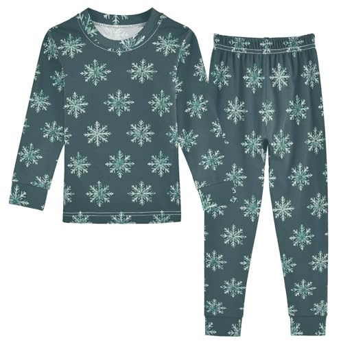 Fustylead Watercolor Green Christmas Snowflake Cotton Pajamas Set 2 Piece Long Sleeve Pjs Sleepwear