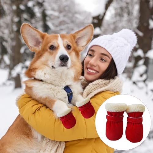 Hundeschuhe Pfotenschutz, Verstellbare rutschfeste Hundeschuhe, Pfotenschutz wasserdichte Schneeschuhe, Hunde Schuhe Outdoor, Pfotenschützer Hundeschuhe für Kleine Mittlere Hunde Herbst Winter (Rot)