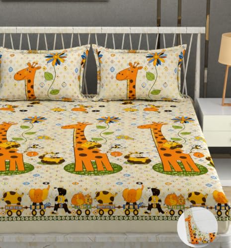 Image of Vram Premium Heavy Cotton Elastic Fitted Bedsheets with 2 King Size Pillow Covers || Double Bed with All Around Elastic 350 TC || 72 x 72 x 10 Inch King Size Fitted || :- Animal Girafe