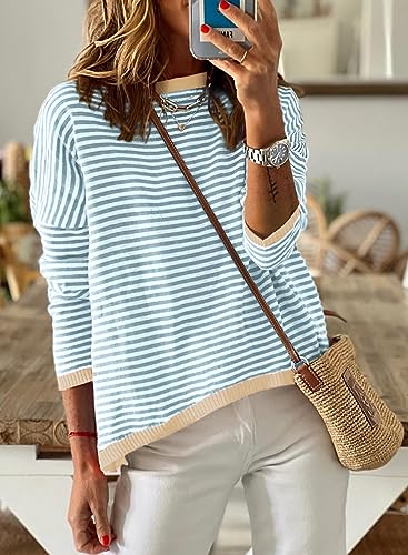Image of Dokotoo Women's Long Sleeve Sweaters Casual Crewneck Fashion Fall Striped Color Block Shirts High Low Pullover Sweater Tops