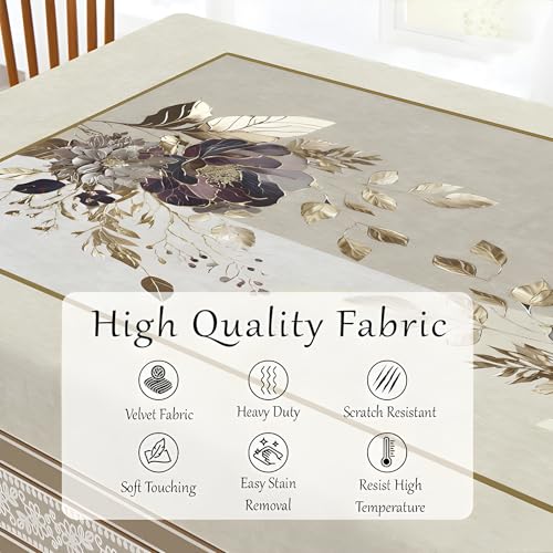 Image of Cloth Fusion Velvet Floral Dining Table Cover Cloth 6 Seater with Stunning Gold Foil Design for Home Decor (60x90 Inch, Beige)
