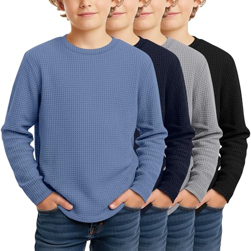 Image of 4 Pack Boys Long Sleeve Waffle Shirts | School Sweaters for Boys, Waffle Knit Thermal Shirts, Crewneck Thermal Casual Tops, Fall, Winter, Kids Clothes for 5-14 Y