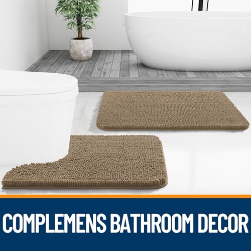 Image of OLANLY Bathroom Rugs Sets 2 Piece, Soft Absorbent Chenille Bath Mats and U-Shaped Contour Toilet Mat Area Rug Set, Machine Washable Bath Carpet, Home Decor Accessories(30 inchx20 inch+24 inchx20 inch, Tan)