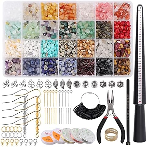 1700+ Kit zur Schmuckherstellung mit Kristallperlen, Kalolary 28 Farben Naturkristallstein-Ringherstellungsset mit Anhängerdraht, Zangen, Karabinerhaken für Halsketten Ohrring Armbänder DIY Zubehör Cover