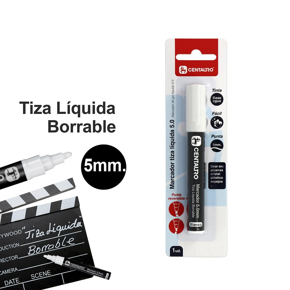 Centauro - Rotulador Tiza Liquida Borrable Blanco, Punta 5mm, Tinta Base Agua, Punta Reversible Cónica y Biselada, Perfecto para Pizarras, Cristal, Plásticos o Espejos
