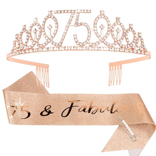 CIEHER 75th Birthday Gift Set - Crown, Sash, Pearl Pin, Decorations and Party Supplies for...
