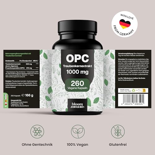 OPC Traubenkernextrakt Hochdosiert - 260 Kapseln mit 75% reinem O.P.C je 1000 mg pro 2 Kapseln - Vegan & Produziert in Deutschland - Verpackung kann variieren 6