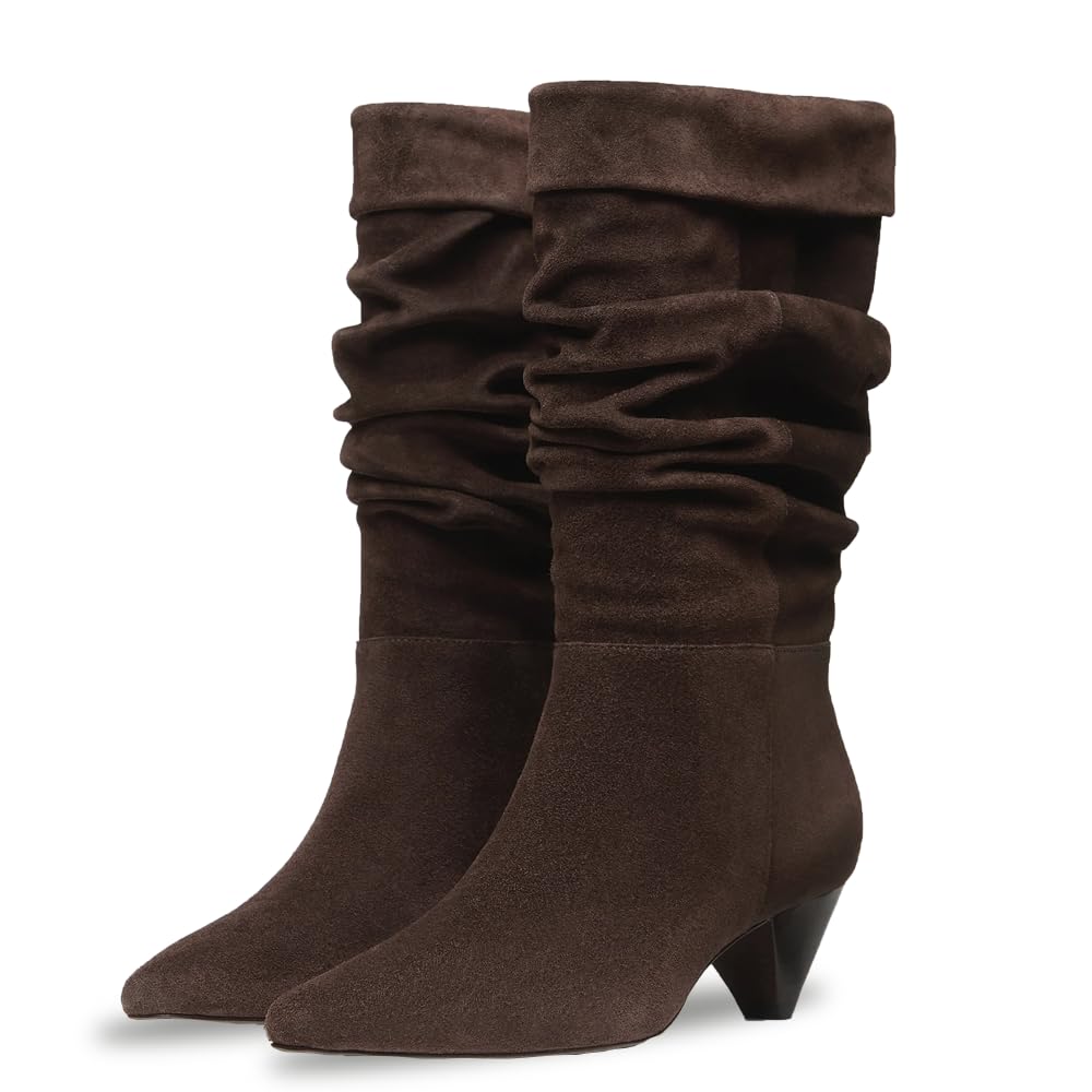 Womens Mid Calf Slouchy Boots Fringe Suede Pull On Booties Pointed Toe Low Chunky Heel Fall Boots for