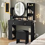 DWVO Vanity Desk with Oval Mirror and Lights, Makeup Vanity Table Set with Power Outlets and Chair, 3 Lighting Colors, Makeup Desk with 2 Drawer and Lots Storage Shelves, Bedroom, Black Dressing Table