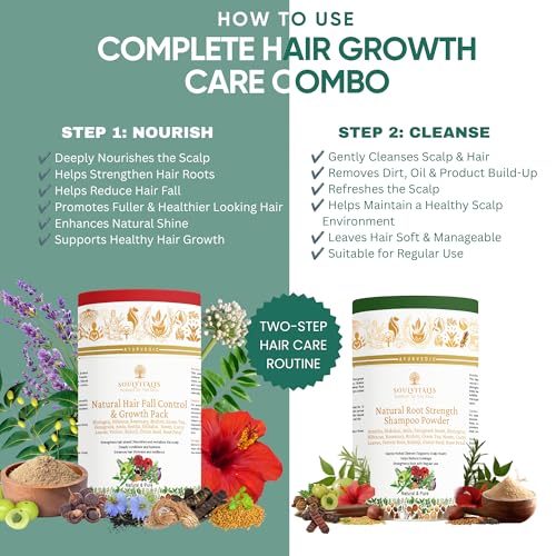 Image of Natural Hair Care Combo | Hair Fall Control & Growth Pack + Root Strength Shampoo Powder | 100% Ayurvedic Hair Care Kit for Hair Strength, Scalp Nourishment & Gentle Cleansing | Rosemary, Hibiscus, Bhringraj & Ayurvedic Herbs | Sulphate & Paraben Free | Men & Women | 400g (Pack of 2)