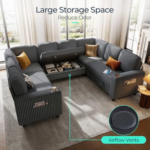 Image of LINSY HOME Sectional Sleeper Sofa with Pull Out Couch Bed - Convertible Plush Corduroy Cloud Couch with Storage Chaise & USB Charging, Comfy Modular Couches for Living Room, Grey