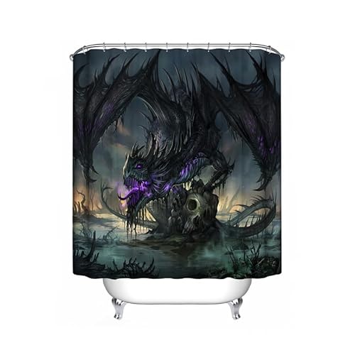 Duschvorhang mit gotischem Drachen, mythischer schwarz-violetter Monsterdrache, Badezimmer-Dekor