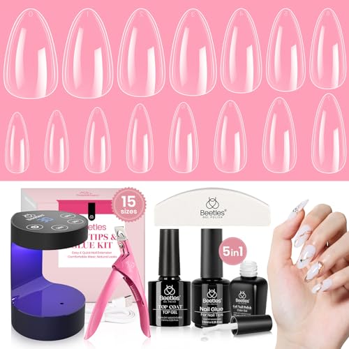Beetles Gel Nail Kit 600Pcs Medium Almond Nail Tips with Milky White Gel Polish Top Coat, 15 Sizes Soft Clear Gel Nail Tips 5 In 1 Nail Glue Uv Nail Lamp for Nail Extension DIY Nail Salon Gift for Her