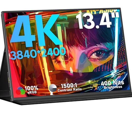 KEEPTIME 4K Portable Monitor 13.4' 3840 x 2400 UHD USB-C HDMI Laptop Monitor, 100% sRGB IPS Computer Gaming Display HDR Travel Monitor w/Speakers for Laptop Xbox PS5 Switch PC Phone
