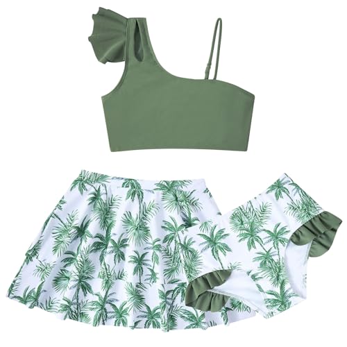 Yousie Girls Swimsuit, Tropical Bathing Suit 3 Pieces Ruffle Bikini Set with Cover Ups Skirt 7-12 Years2