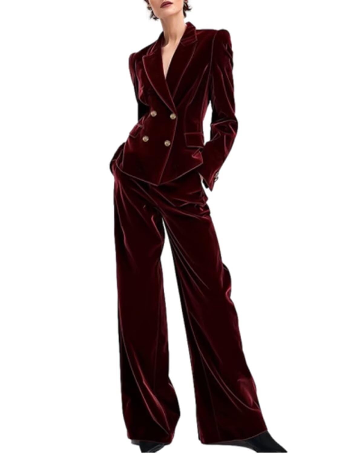 Womens Velvet Suit 2-Piece Set Casual Business Office Double Breasted Jacket and Pants