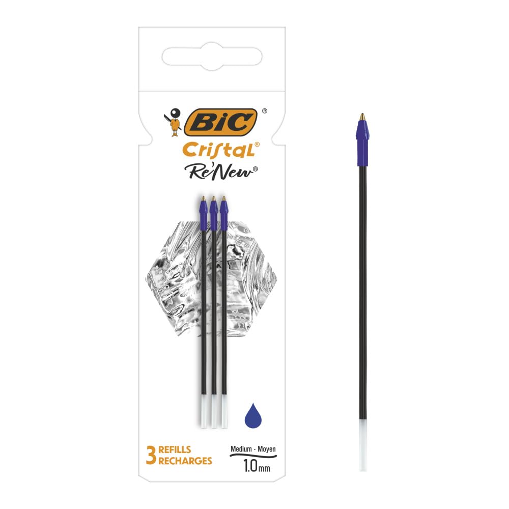Bic Re'New 3 Medium Blue Ink Refills for Crystal Ballpoint Pen