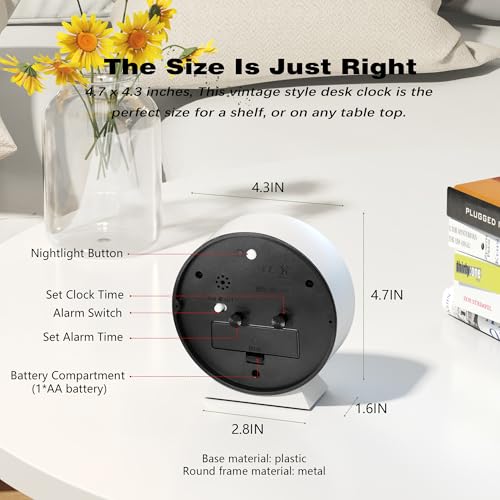 Image of AYRELY 4.5 inch Analog Alarm Clock,Small Retro Desk Clock Battery Operated,Silent Metal Table Clock with Light for Living Room Decor,Bedroom,Bedside,Shelf (White)