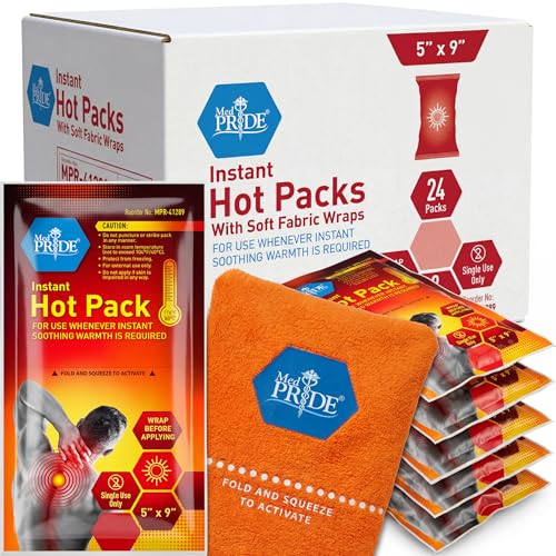 MED PRIDE Instant Hot Packs Disposable for Pain Relief, Activates Instantly, 5in X 9in (24-Pack), Includes 3 Fabric Wraps