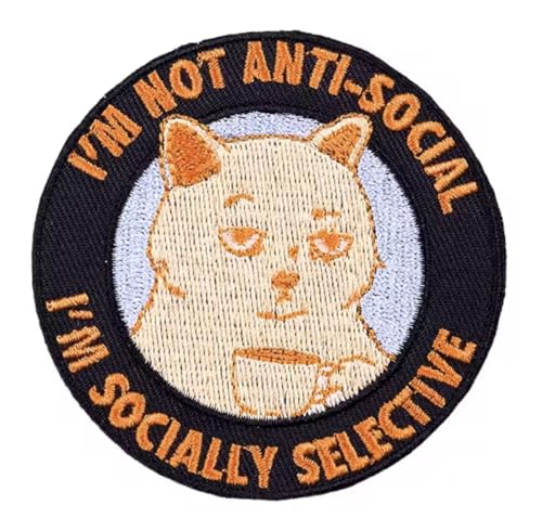 I'm Not Anti-Social I'm Socially Selective Cat Kitty Cute Coffee Office Humor Joke Loner Social Anxiety Introvert Introverted Alone Loner 3" Iron On Embroidered Patch for Clothing