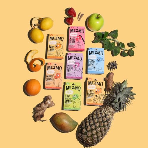Image of MEZMO Vegan Fruit Jellies (280g, Pack of 7) | Natural Gummies for Kids & Adults | Zero Added Sugar, Gluten Free | Healthy Prebiotic Gut Friendly Snacks - Strawberry, Orange, Lemon, Mango, Apple, Raw mango, Peppermint