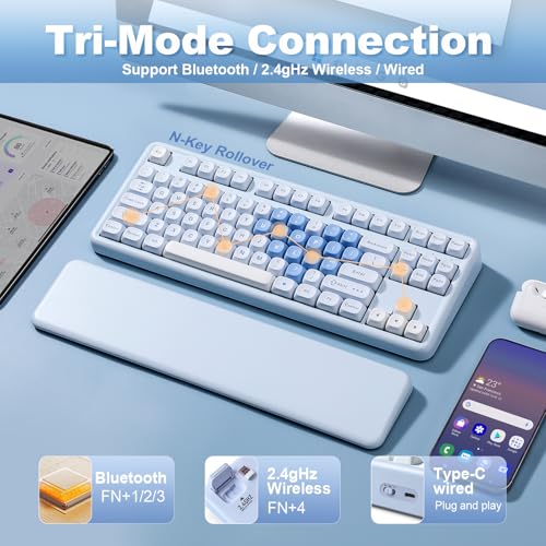 Image of YUNZII B87 Wireless Mechanical Keyboard,QMK /VIA Programmable,TKL Layout 87 Keys,BT /2.4G /USB-C,Hot Swap Gasket Mount RGB Backlit Gaming with Wrist Rest for Win /Mac (Blue Heart, Milk V2)
