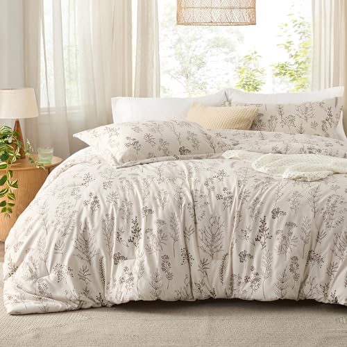 Image of Bedsure Full Comforter Set - Natural Bed Set, 3 Pieces Cute Floral Bedding, 1 Soft Botanical Flowers Comforter and 2 Pillow Shams