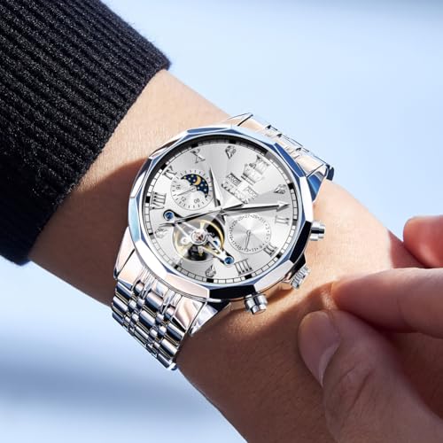 Image of OLEVS Automatic Watch for Men Original Luxury Diamond Self Winding Multifunctional Men's Watch Stainless Steel Waterproof Moon Phase Watches