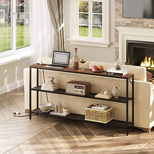 Mahancris Narrow Console Table, Sofa Table With Power Outlets, Entryway Table, 3 Tier Behind Couch Table With 2 Mesh Shelves, Rustic 63" Hallway Table With Metal Frame, Rustic Brown Cthr32E01Z #TOP1