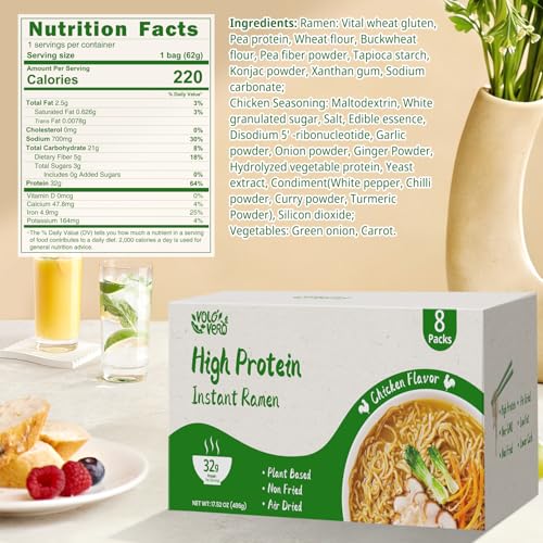 Image of VOLO VERO High Protein (32g) Instant Ramen Chicken Flavor Noodles Soup, Plant-Based, Air-Dried, Non-Fried, Low Carb, Egg-Free, Ready to Eat, Dairy Free Healthy Meal, 8 Pack